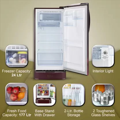 LG 201 L Direct Cool Single Door 4 Star Refrigerator with Base Drawer with Smart Inverter Compressor, Smart Connect, Fast Ice Making (Scarlet Charm, GL-D211HSCY) LG 201 L Direct Cool Single Door 4 Star Refrigerator with Base Drawer with Smart Inverter Compressor, Smart Connect, Fast Ice Making (Scarlet Charm, GL-D211HSCY)
